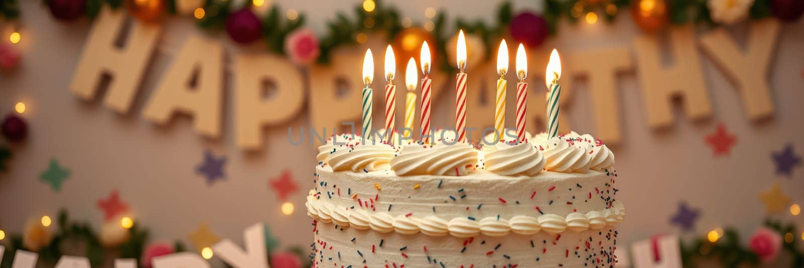 A beautifully decorated birthday cake with lit candles stands prominently against a backdrop of festive decorations and a happy birthday banner, creating a joyful atmosphere.