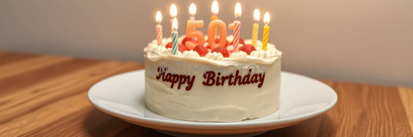 A beautifully decorated birthday cake sits on a white plate, featuring the message Happy Birthday and 50 colorful candles lit on top, creating a festive atmosphere.