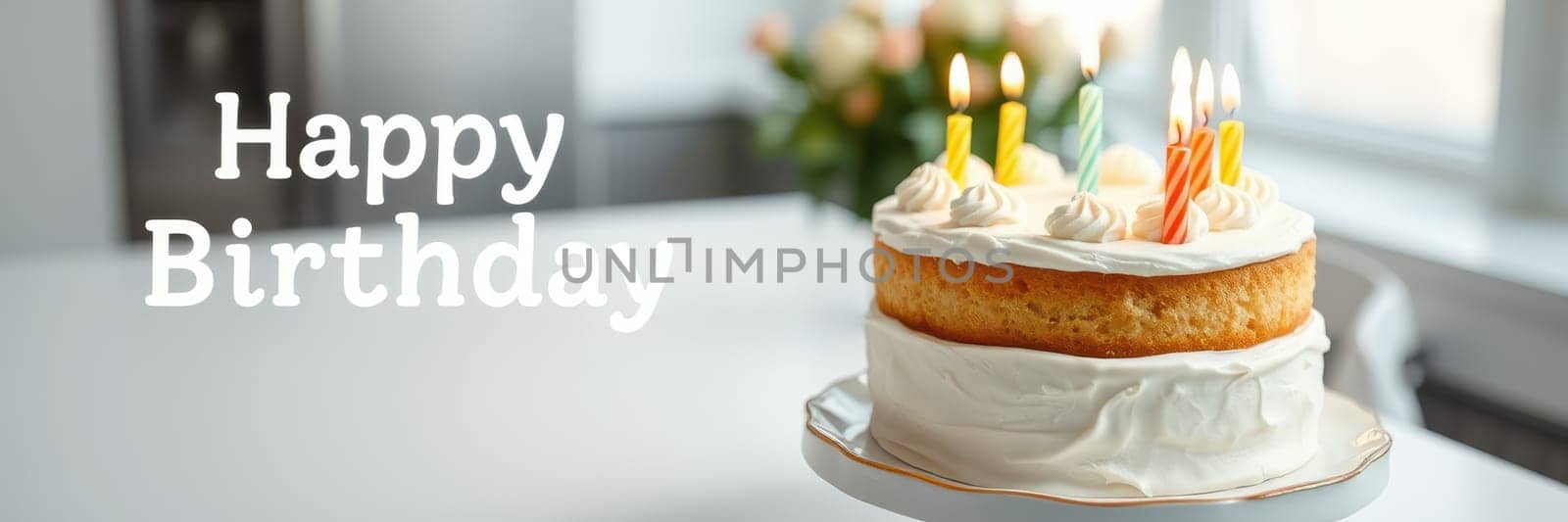 A beautifully decorated cake with colorful candles sits on a table in a well-lit room. The cake celebrates a birthday, surrounded by a festive atmosphere.