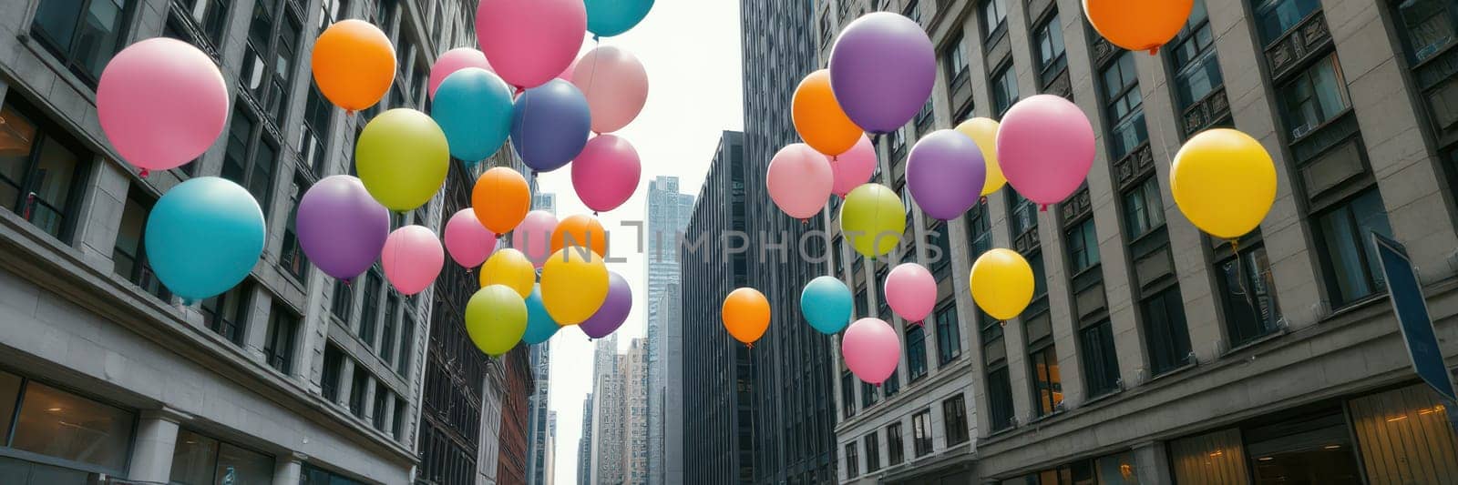 Vibrant balloons in various colors float above a busy city street, enhancing the lively atmosphere of a local festival while skyscrapers tower on either side.