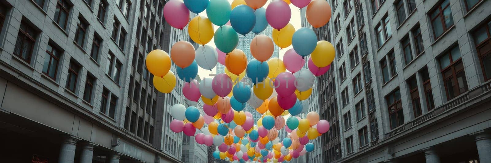 A lively street festival features a canopy of colorful balloons suspended above, creating a joyful atmosphere. The surrounding buildings enhance the festive vibe of the event.