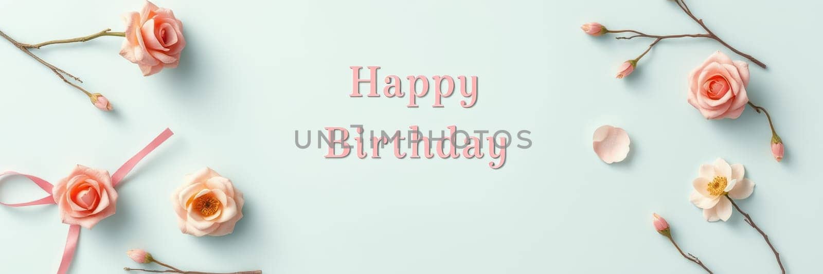 Delicate pink roses and blossoms surround a cheerful birthday greeting on a light blue background, creating a festive and inviting atmosphere for celebration.