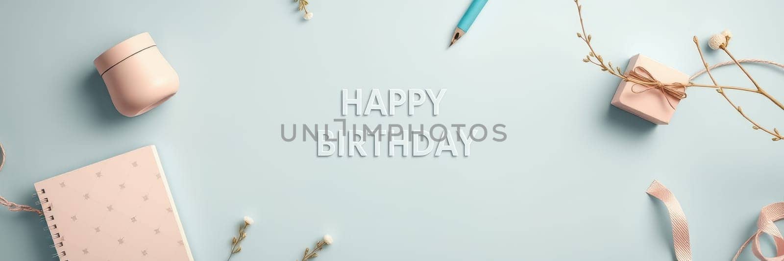 Colorful decorations including a gift box, cream jar, and pen surround the phrase happy birthday on a soft blue surface, creating a festive atmosphere for a birthday celebration.