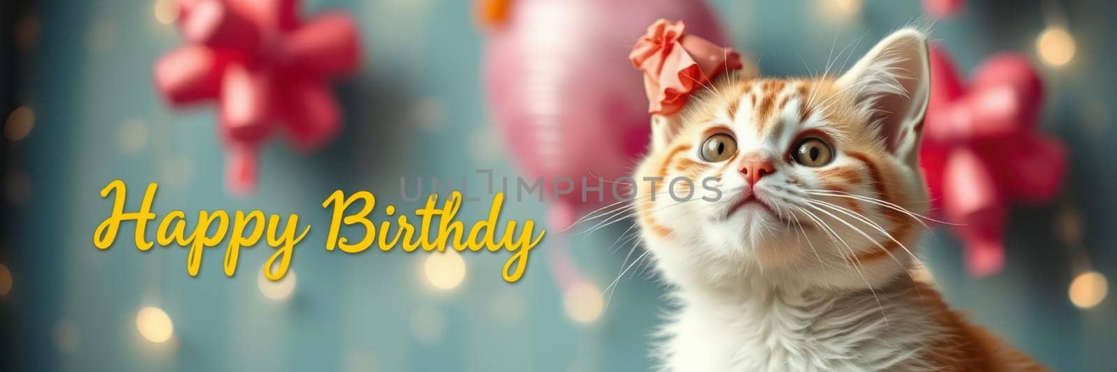 A playful orange kitten wearing a pink bow looks up with curiosity amid colorful birthday decorations and balloons. The cheerful atmosphere captures the joy of celebration.