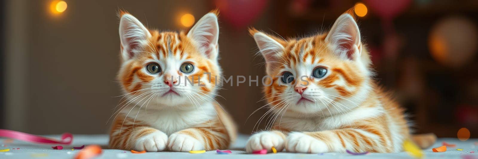Two playful orange tabby kittens are laying on a table surrounded by decorative confetti and ribbons. They look curious and attentive, capturing the joy of the moment.