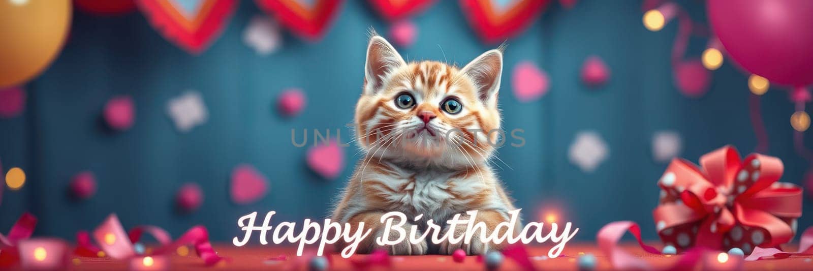 A charming kitten sits among colorful balloons and decorations, with a birthday message displayed. The warm, festive setting creates a joyful mood for celebration.