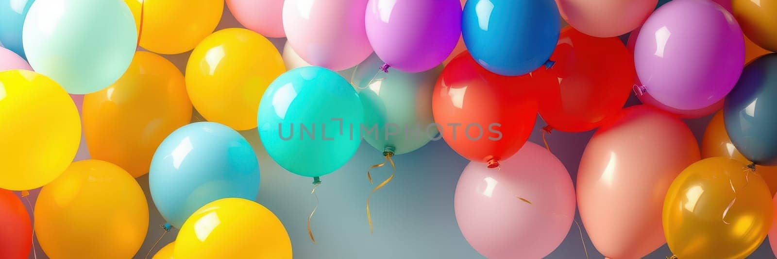 A vibrant array of balloons in multiple colors fills the air, creating a joyful atmosphere at a celebration. Each balloon adds to the cheerful and lively environment.