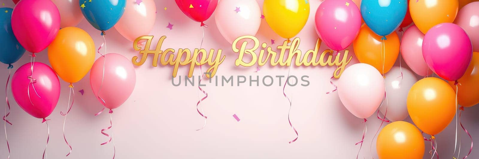 A vibrant display of balloons in various colors, including pink, orange, and blue, adorns the wall for a birthday celebration. The golden text wishing happy birthday adds to the festive mood.
