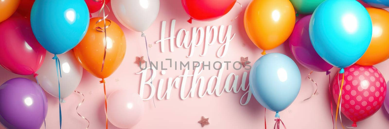 A vibrant display of balloons in various colors hangs against a pink backdrop with a cheerful birthday greeting, perfect for a joyful celebration or party gathering.