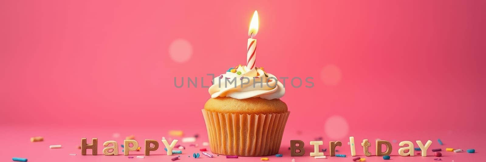 A delightful cupcake topped with buttercream frosting and a lit candle is surrounded by colorful sprinkles. The cheerful pink background enhances the festive atmosphere.
