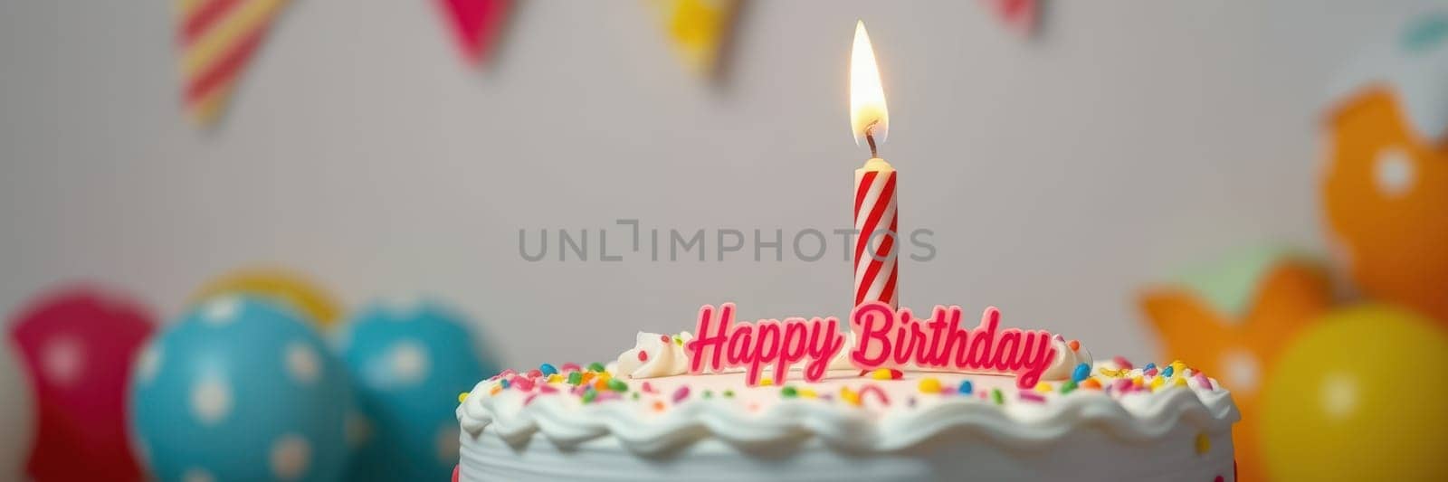 A birthday cake adorned with sprinkles and a “Happy Birthday” sign sits on a table. A single red and white candle flickers amid vibrant balloons and festive decorations.