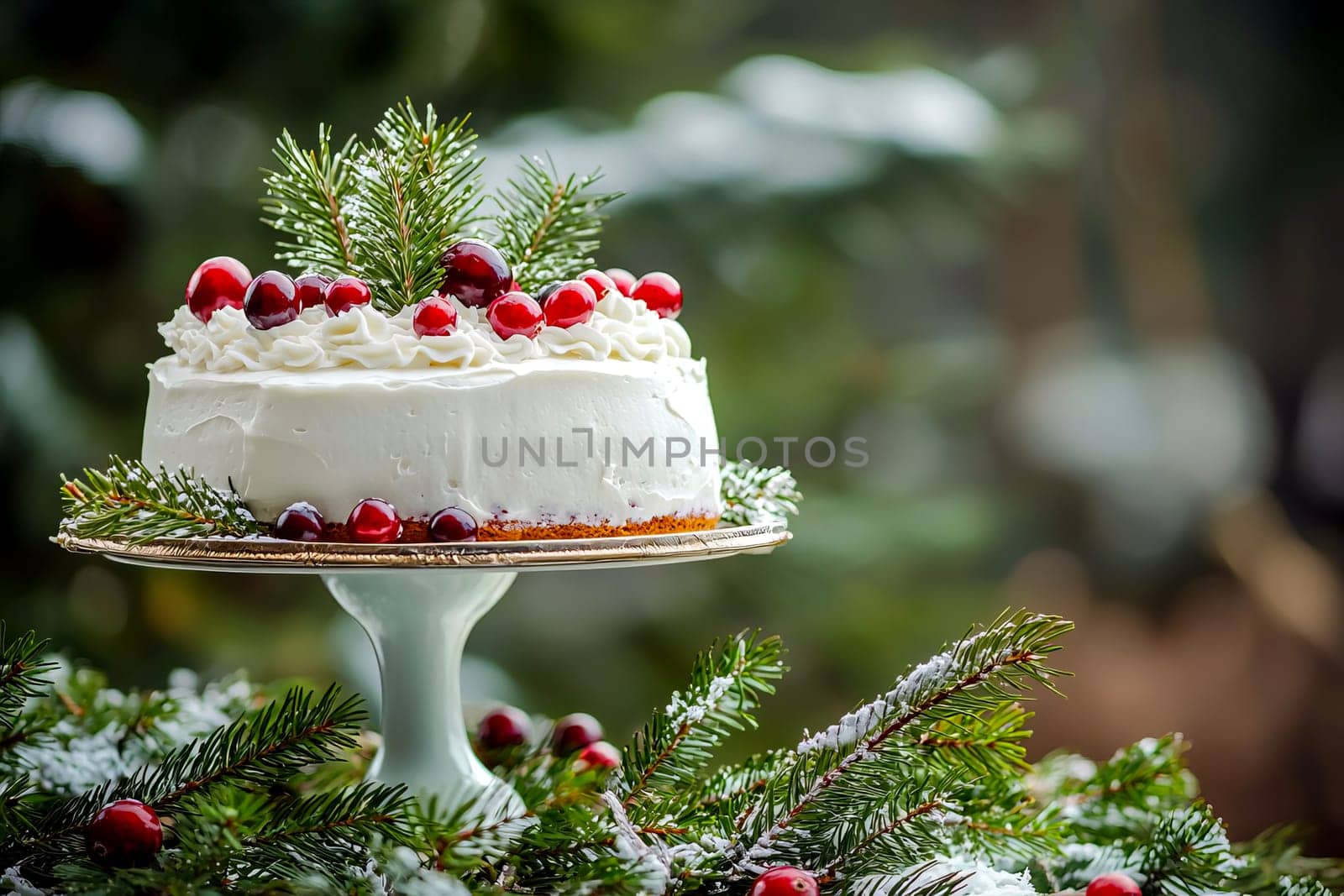 A Christmas cake with white cream and cranberries on a stand. AI generated.