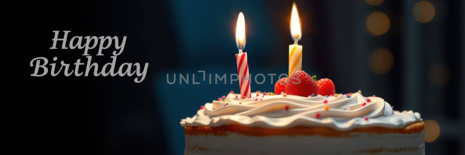 A beautifully decorated cake sits on a table, topped with strawberries and two lit candles. The atmosphere is celebratory, perfect for a joyful birthday gathering with friends and family.