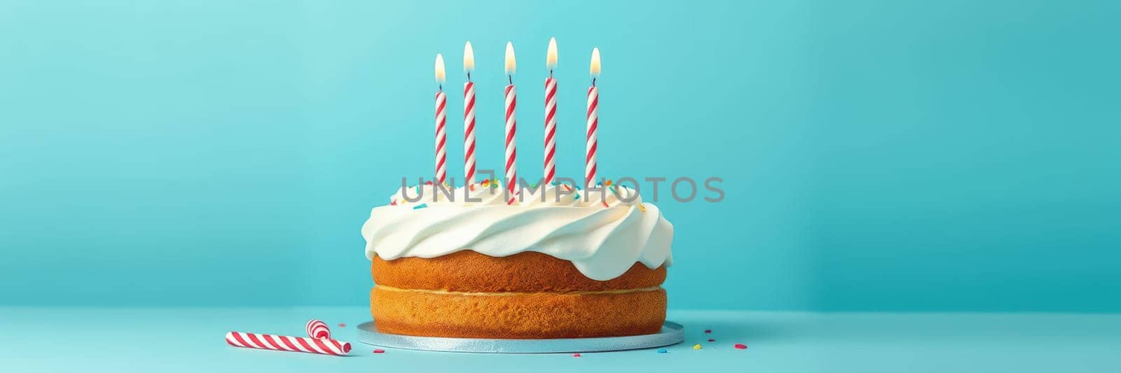 A delicious birthday cake with white icing and colorful sprinkles features six candles on top, set against a vibrant blue backdrop perfect for celebrations.