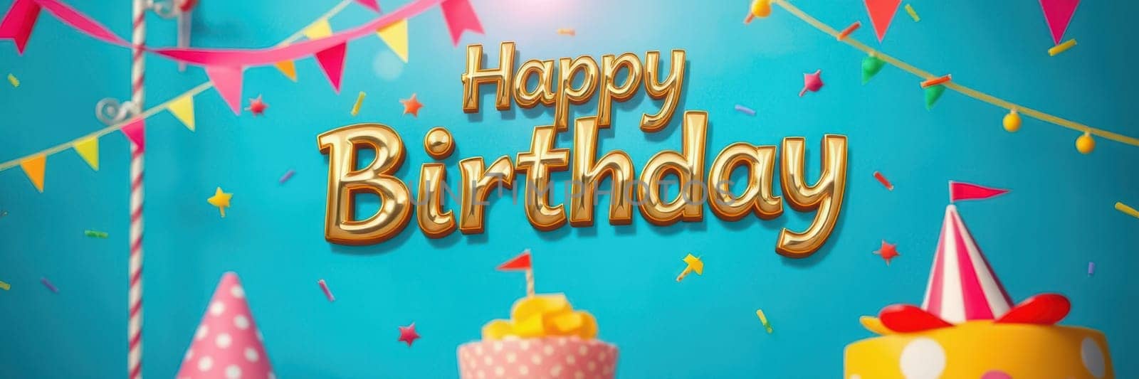 A vibrant birthday backdrop features colorful decorations, including balloons, flags, and cakes. The cheerful ambiance is perfect for celebrating a special occasion with friends and family.