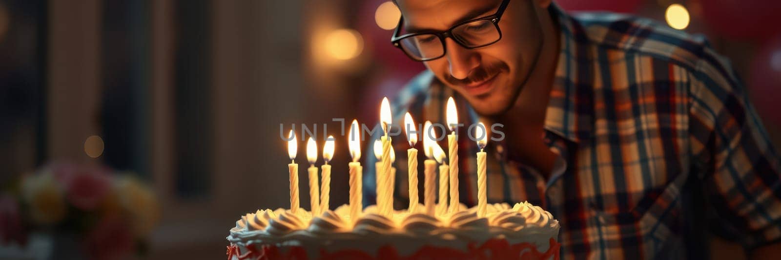 A person admires a beautifully decorated cake topped with lit candles, celebrating a birthday in an inviting atmosphere filled with warm lighting and soft decor.