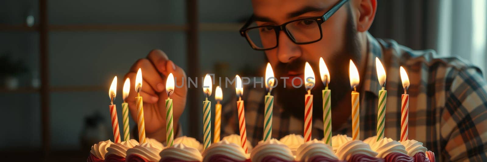 A man prepares to blow out the candles on a festive cake at his birthday celebration. The warm glow from the candles fills the room with joy.