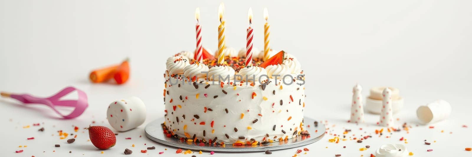 A vibrant birthday cake sits on a silver platter, decorated with colorful sprinkles and candles. There are scattered sweets and strawberries around the cake, creating a festive atmosphere.