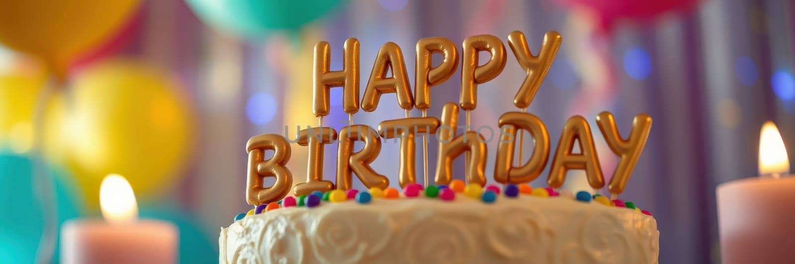 A beautifully decorated birthday cake sits at the center of a vibrant celebration. Colorful balloons and candles surround the cake, creating a joyful atmosphere for the occasion.