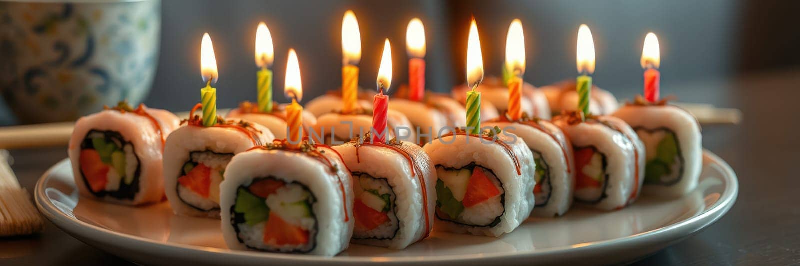 A beautifully arranged sushi platter featuring colorful rolls topped with decorative candles is placed on a dining table, indicating a celebration or special event.