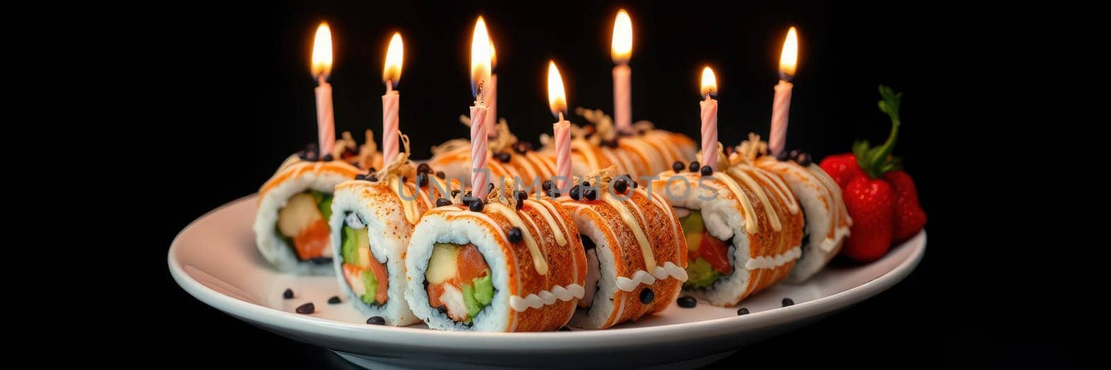 Sushi rolls are artfully arranged on a white plate with small candles lit on top, creating a festive atmosphere perfect for a celebration. Colors are vibrant against the dark backdrop.