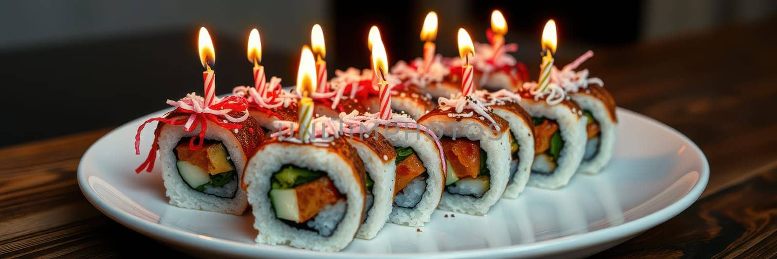 A platter of creative sushi rolls adorned with colorful candles, celebrating a special occasion. The bright decorations enhance the festive atmosphere of the gathering.