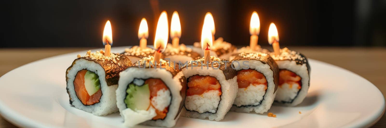 Colorful sushi rolls arranged on a plate feature lit candles on top, creating a festive atmosphere for a special occasion in an inviting dining environment.