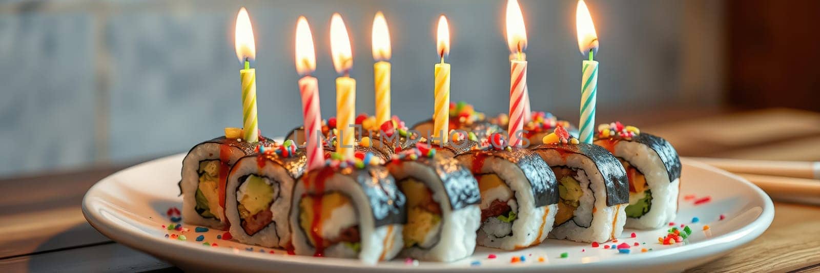 A creative sushi cake arranged on a white plate, decorated with colorful candles on top. The setting features a wooden table, ideal for festive gatherings and celebrations.