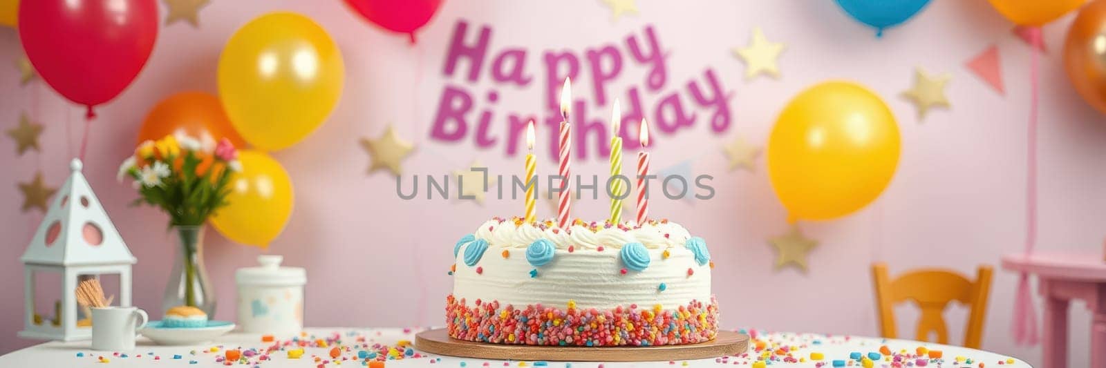 A festive birthday celebration displays a beautifully decorated cake with candles, surrounded by balloons and vibrant decorations. The cheerful atmosphere invites guests to enjoy the party.