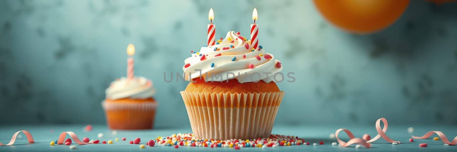 Two decorated cupcakes with creamy frosting and candles are arranged on a table sprinkled with colorful confetti, creating a cheerful birthday atmosphere.
