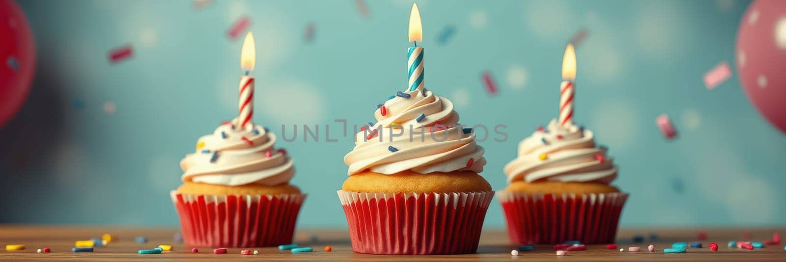 Three festive cupcakes sit on a wooden table, decorated with swirls of frosting, colorful sprinkles, and lit candles, creating a joyful atmosphere for a birthday celebration.