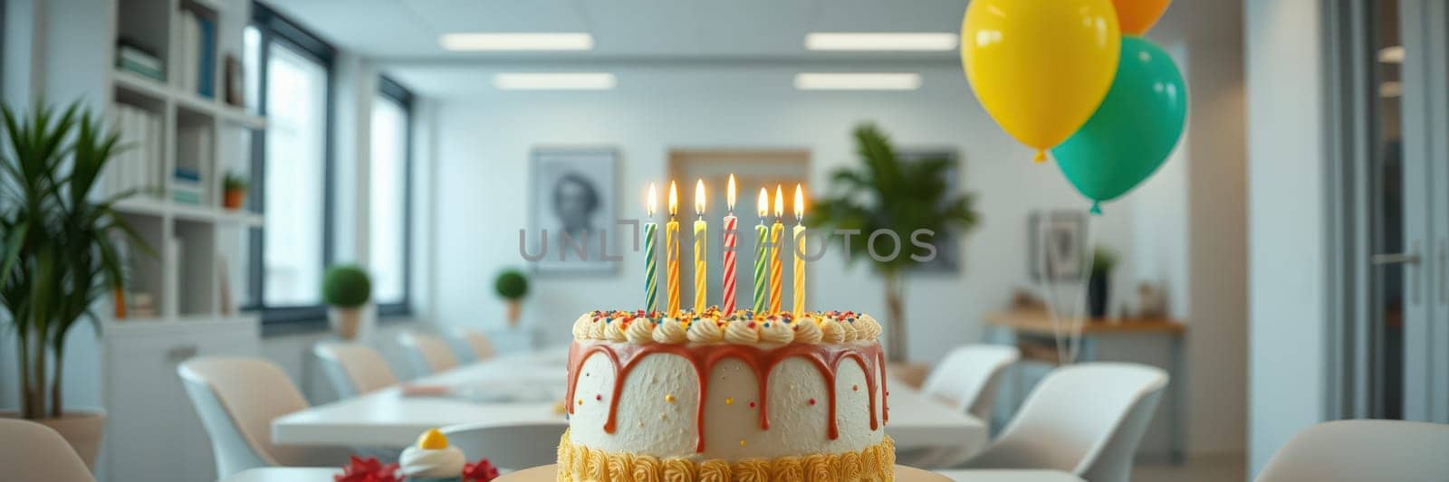 A birthday cake stands on a table in a contemporary office. Colorful balloons float nearby, and candles flicker atop the cake. The room is bright and inviting, perfect for a party.