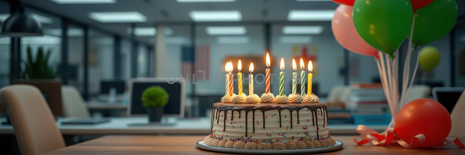 A beautifully decorated cake with lit candles sits on a table in a contemporary office. Colorful balloons and cheerful decorations enhance the festive atmosphere, perfect for a celebration.
