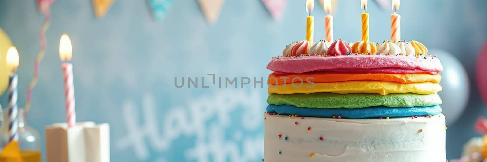 A vibrant, multi-layered cake adorned with rainbow frosting and lit candles stands proudly at a birthday celebration, accompanied by cheerful decorations and a festive atmosphere.