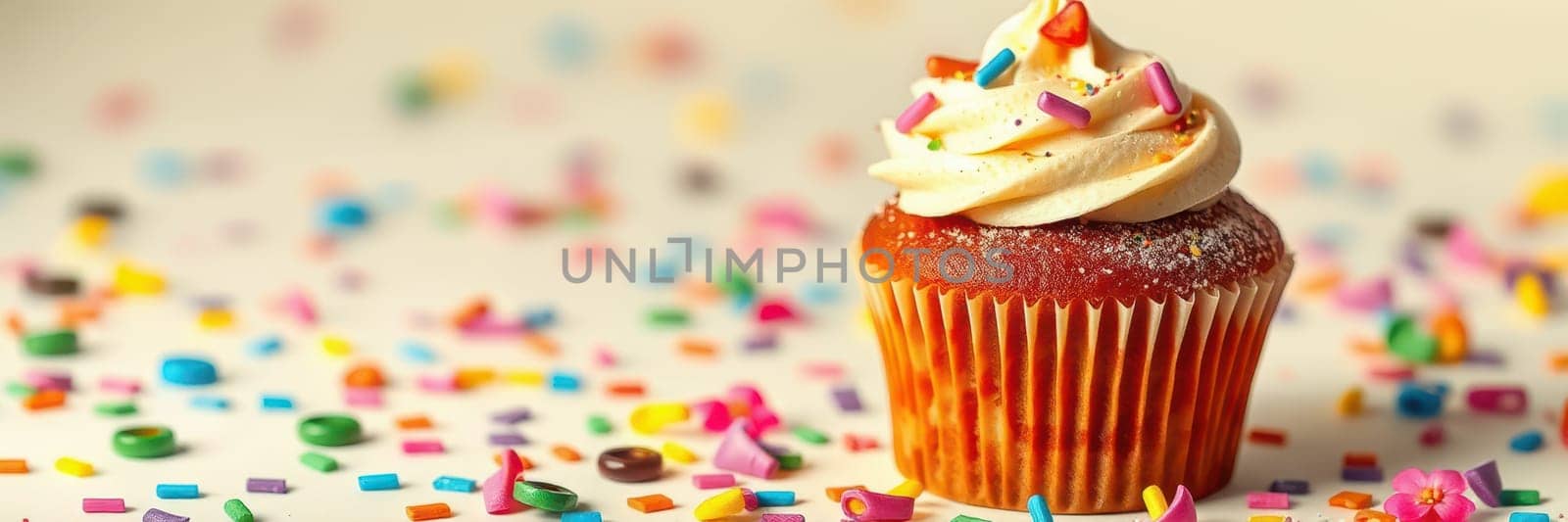 A delicious, freshly baked cupcake topped with creamy frosting and colorful sprinkles sits amidst a playful scattering of candy and confetti, creating a joyful atmosphere.