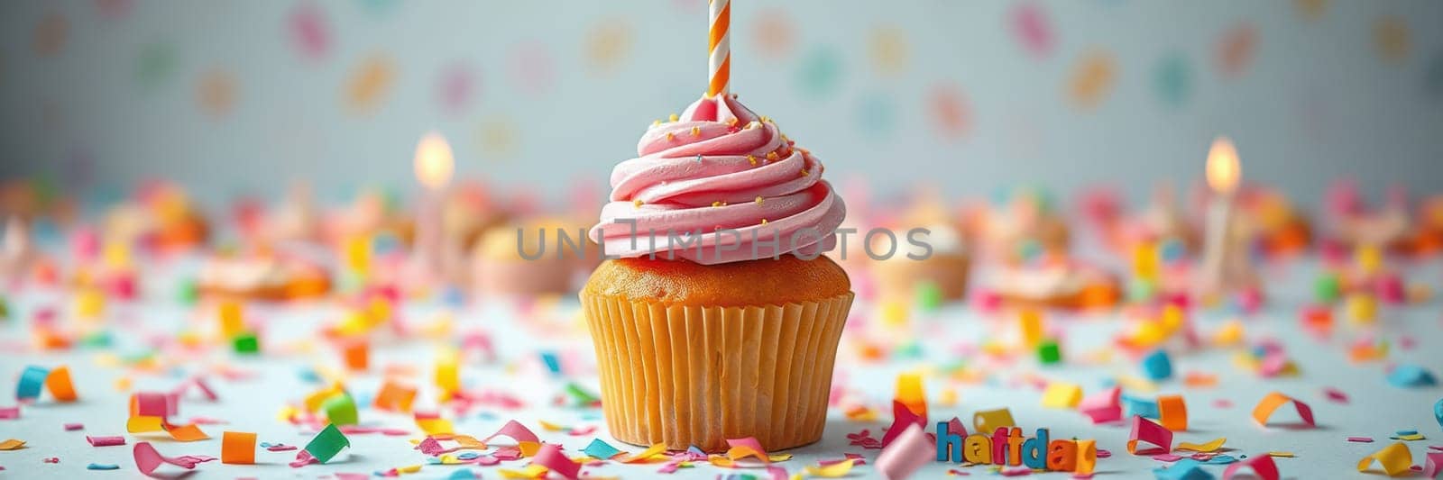 A vibrant cupcake topped with pink frosting and a candle is placed centrally on a table covered with colorful confetti and decorations, creating a joyful birthday atmosphere.