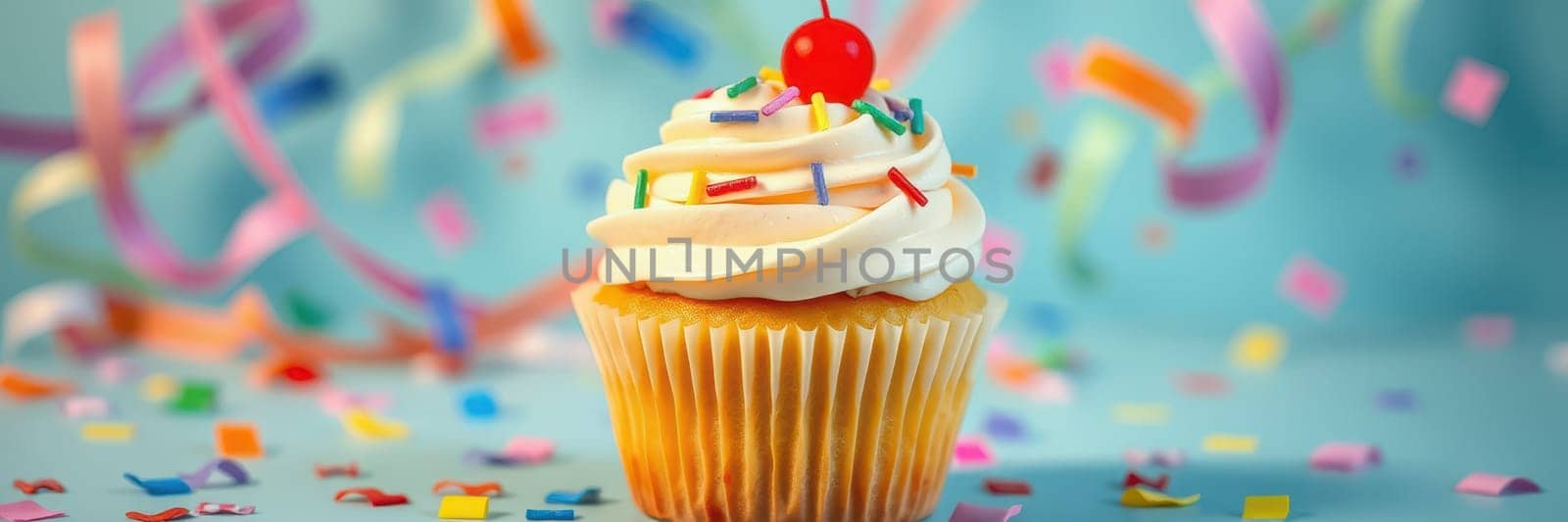 A delicious cupcake topped with creamy frosting, colorful sprinkles, and a cherry sits on a table surrounded by vibrant confetti, creating a festive atmosphere perfect for celebrations.