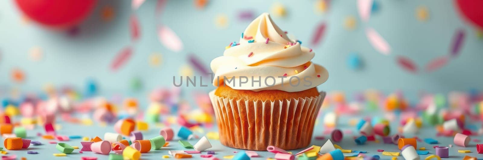 A single cupcake topped with creamy frosting sits in the center, adorned with colorful sprinkles against a backdrop of joyful confetti, perfect for celebrations.