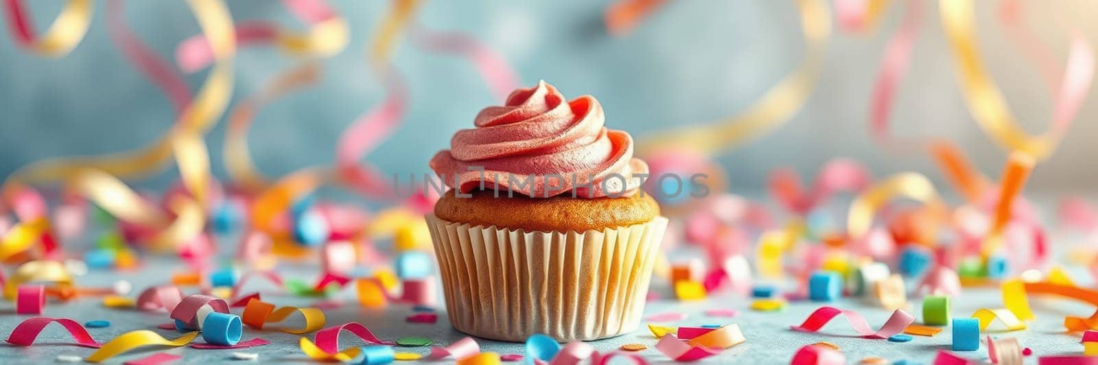 A delicious cupcake topped with pink swirled frosting stands proudly amidst a vibrant display of colorful confetti, creating a joyful atmosphere perfect for any celebration.