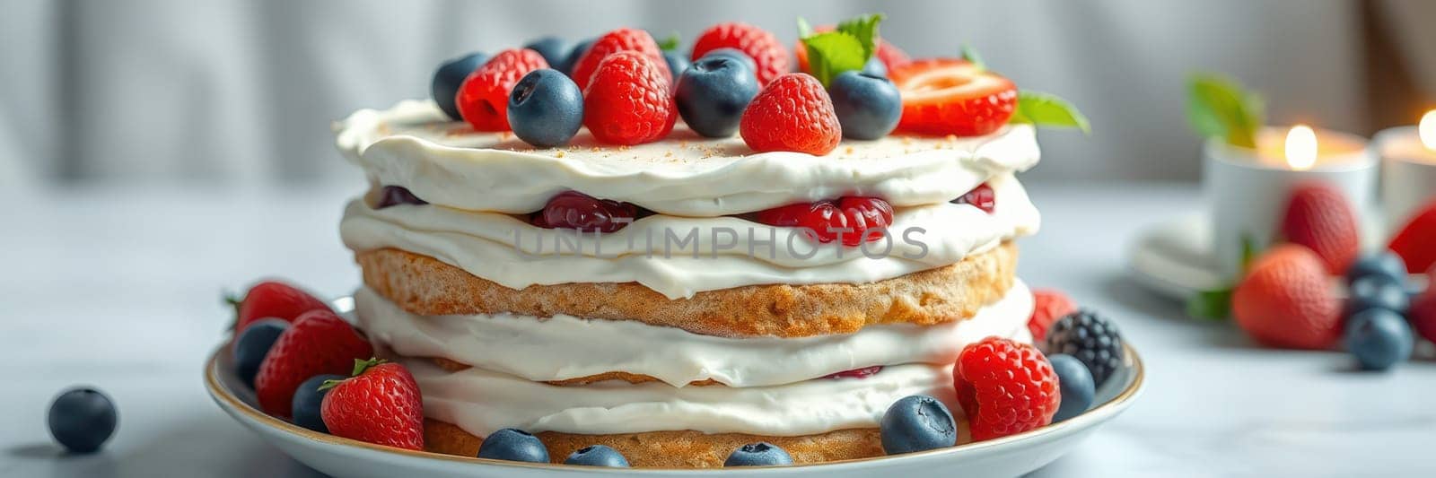 A delicious layered cake displays fluffy cream and fresh berries, including strawberries, blueberries, and raspberries. Set on a light-colored surface, it invites sweet indulgence.