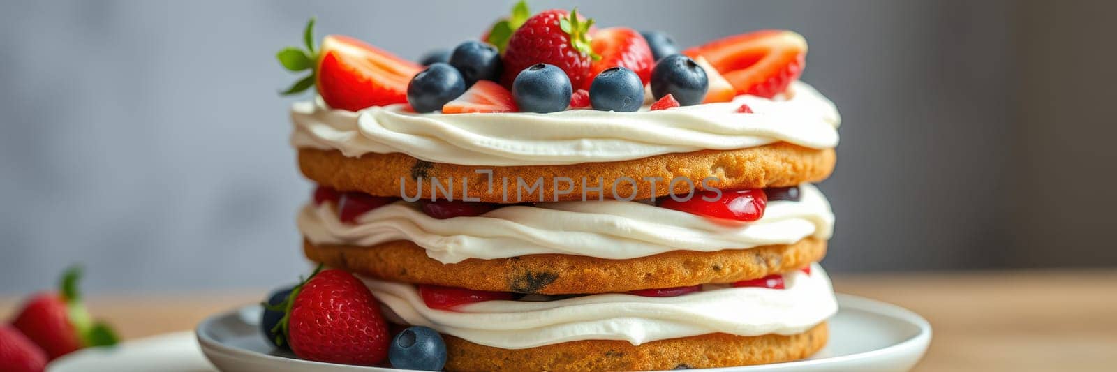 A delicious layered cake made with soft cookies filled with cream and topped with fresh strawberries and blueberries. Perfect for a summer celebration or dessert.