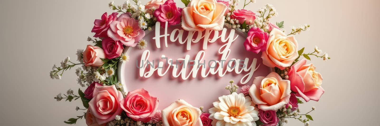 A stunning floral display features a mix of roses and daisies surrounding a cheerful birthday greeting. The soft colors and elegant arrangement create a festive atmosphere.