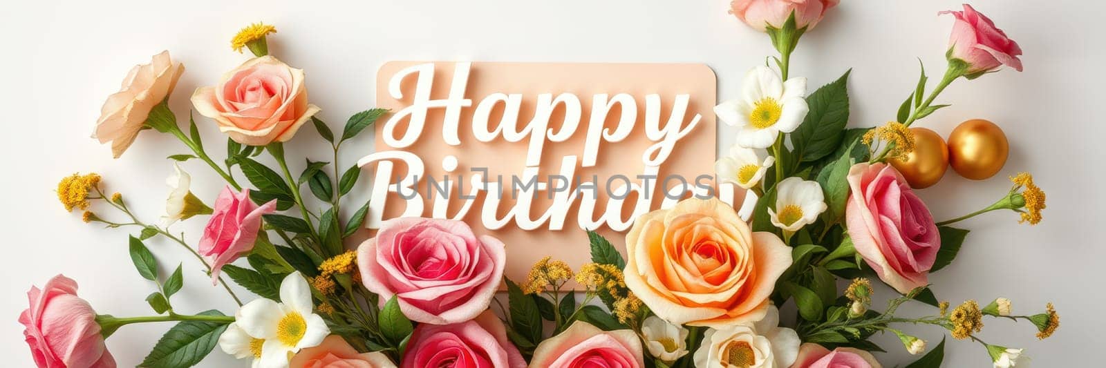 Colorful roses of various shades surround a lovely birthday message. The arrangement includes flowers and decorative elements, creating a joyful and festive atmosphere.