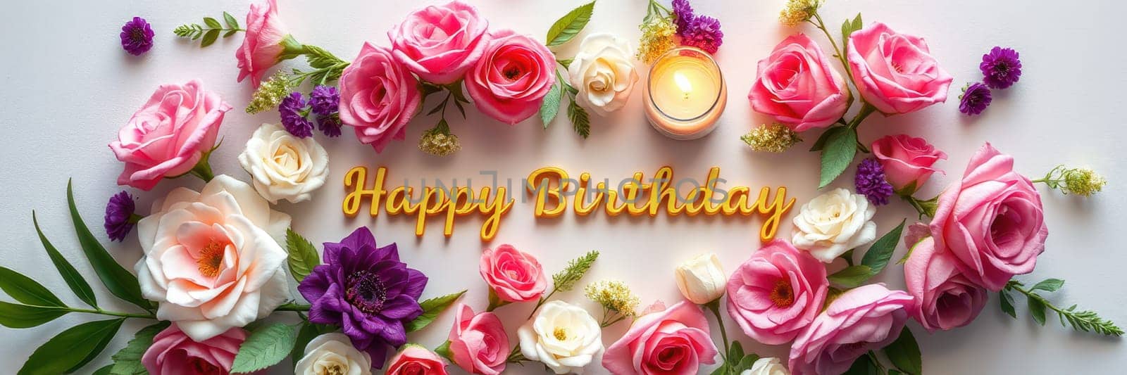 A lovely display of colorful roses and seasonal flowers surrounds a lit candle and a birthday message, creating an inviting atmosphere for celebration and joy.