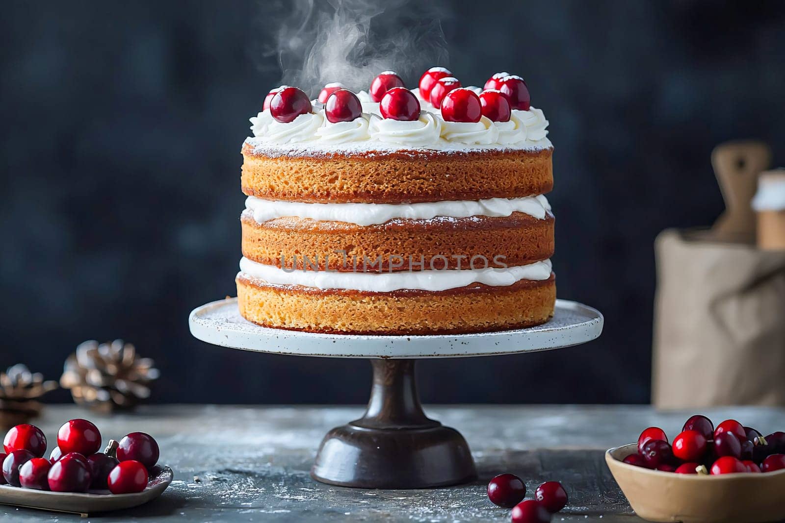 A Christmas cake with white cream and cranberries on a stand. AI generated.