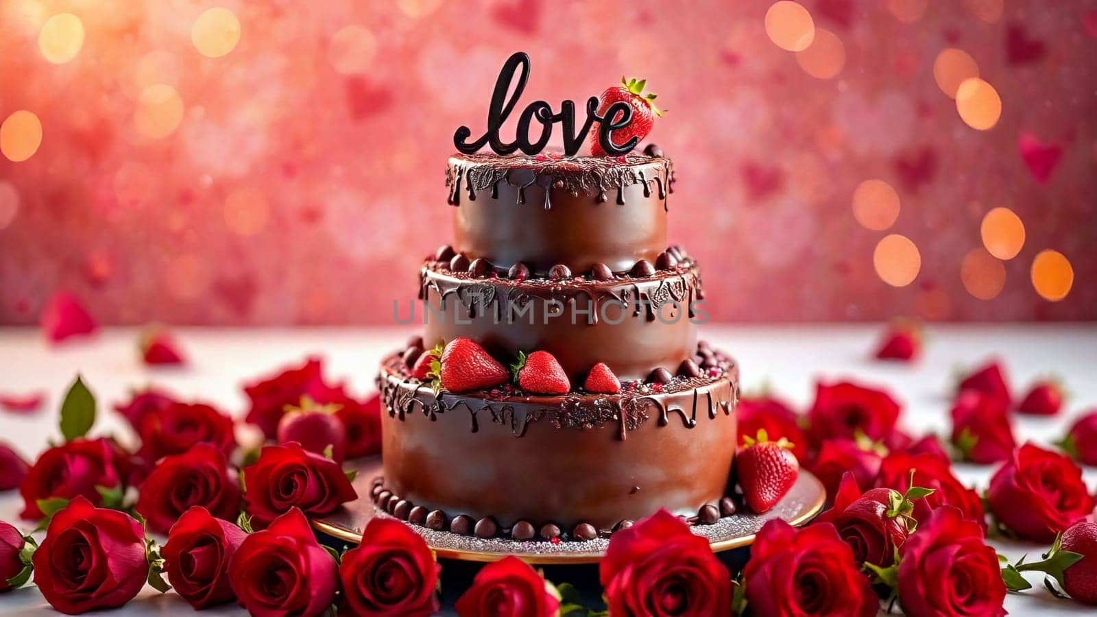 Three-tier chocolate cake with strawberries and the word "LOVE" on top of the cake with red roses lie around the plate with the cake. AI generated.
