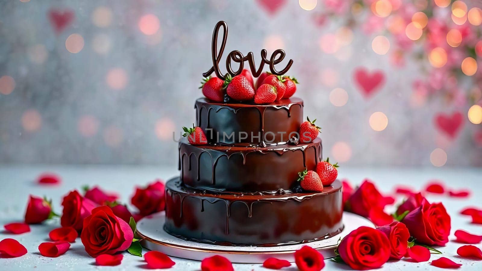 Three-tier chocolate cake with strawberries and the word "LOVE" on top of the cake with red roses lie around the plate with the cake. AI generated.