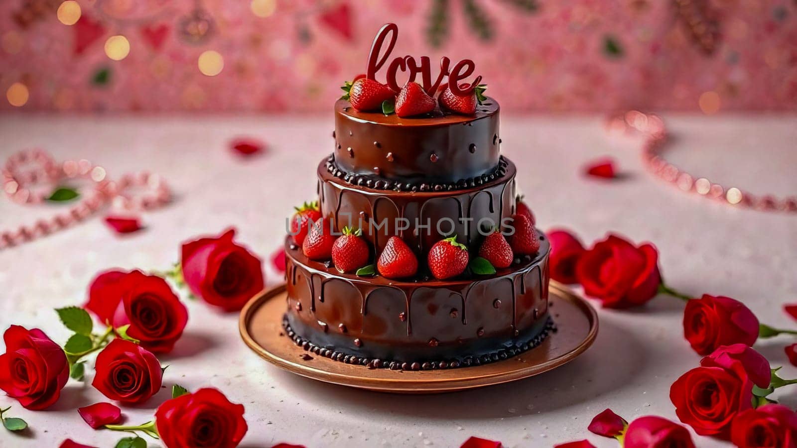 Three-tier chocolate cake with strawberries and the word "LOVE" on top of the cake with red roses lie around the plate with the cake. AI generated.