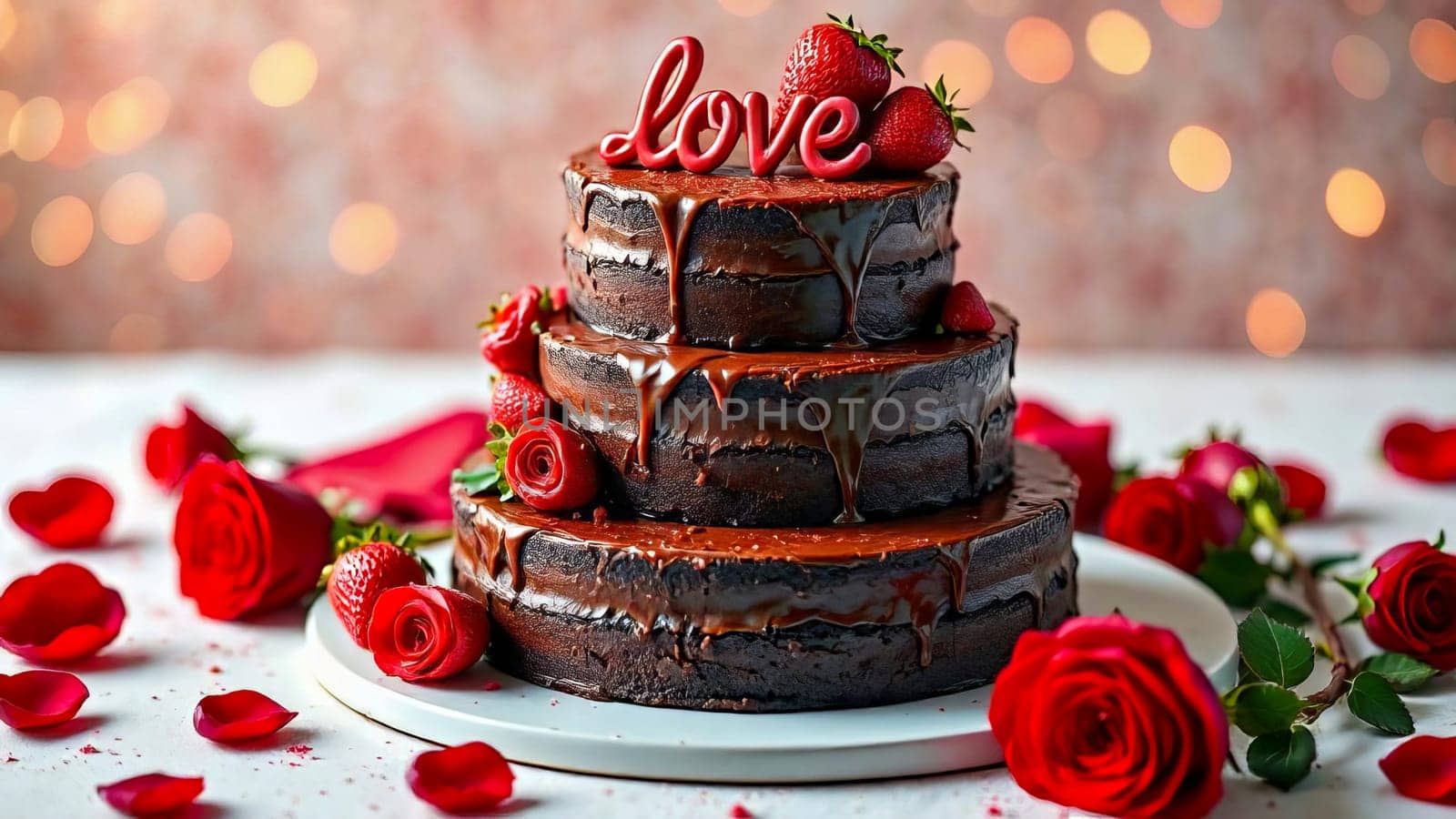 Three-tier chocolate cake with strawberries and the word "LOVE" on top of the cake with red roses lie around the plate with the cake. AI generated.