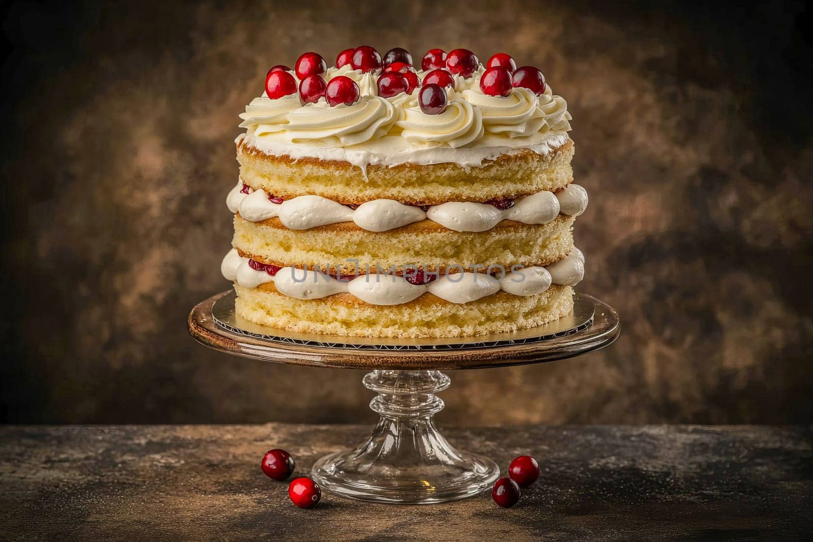 A Christmas cake with white cream and cranberries on a stand. AI generated.